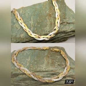 Gold, Rose Gold, Sterling Silver Tri-color Braided Herringbone Bracelet 7.5" NEW